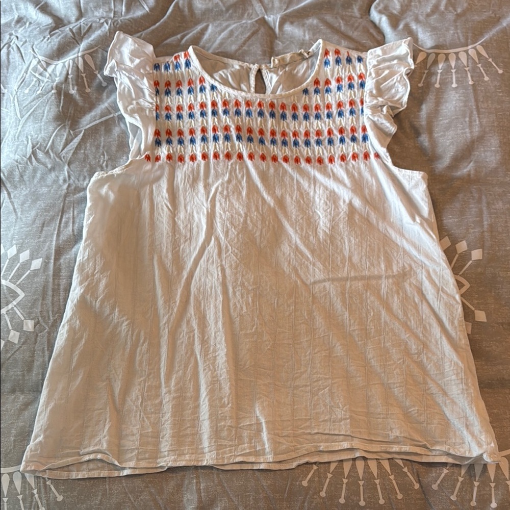 White Blouse with Colorful Embroidery and Ruffle Sleeves